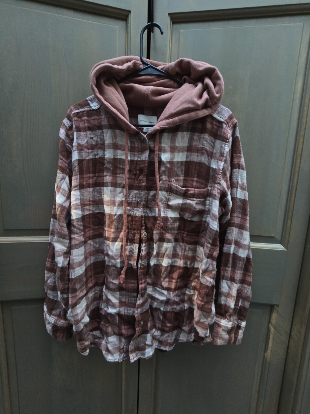 American Eagle Outfitters Rust and Cream Plaid Button-Down Hoodie